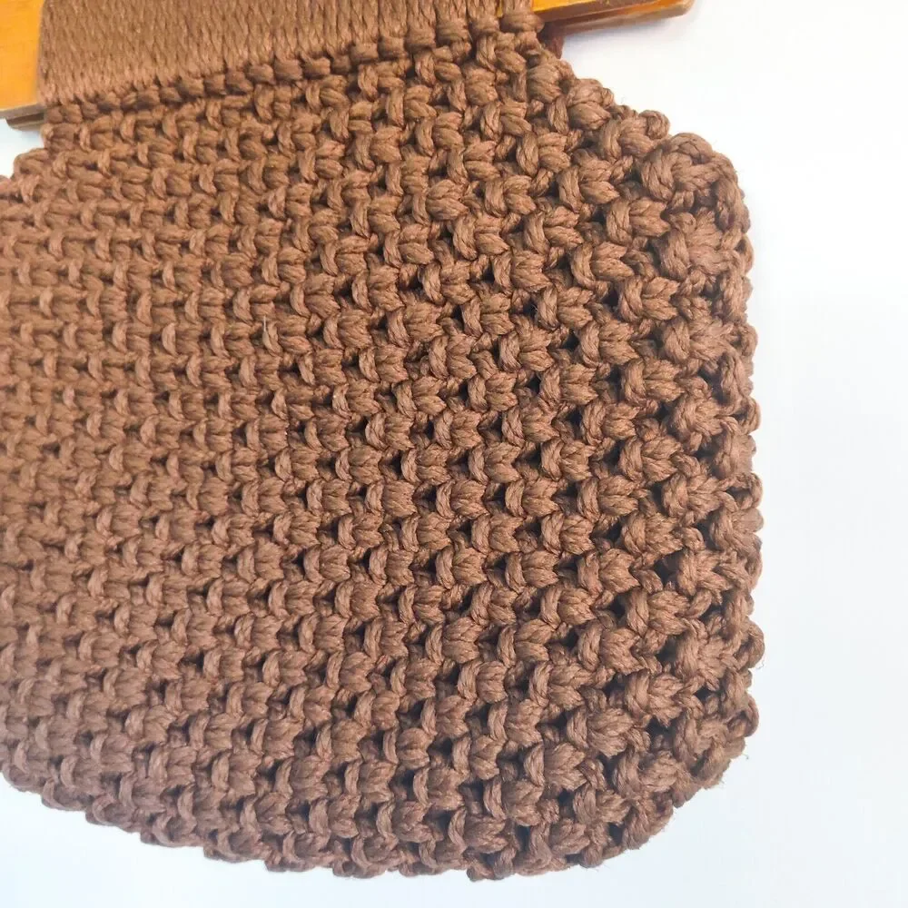 Vintage Crochet Knit Bag Wooden Handles‎ Chic Brown Cottagecore Boho Handmade